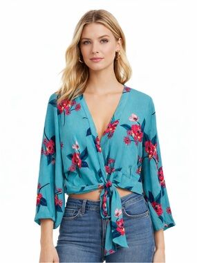 Express Teal Floral Front-Tie Blouse